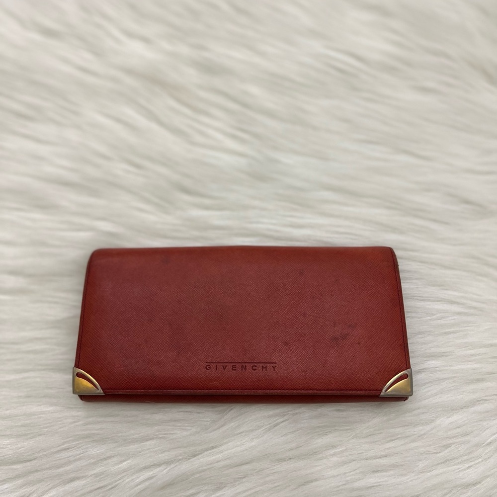 GIVENCHY - RED ORANGE ALL LEATHER LONG BIFOLD WALLET WITH GOLD PLATED CORNERS - Picture 2 of 11